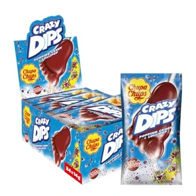 Abbildung von Chupa Chups Crazy Dips Cola, 24er Thekendisplay enthält Cola Lollis in Fußform mit Brausepulver &amp; Knistereffekt, Lutscher Flavour, 24 x 14g
