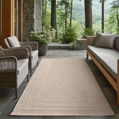 Abbildung von Carpetsale24 Outdoor Teppich Beige 80x150 cm Läufer, Wetterfest &amp; UV beständig, ideal für Küche, Balkon, Terrasse auch Wohnzimmer und Esszimmer, Einfarbiges Design mit Bordüre, Leicht zu Reinigen