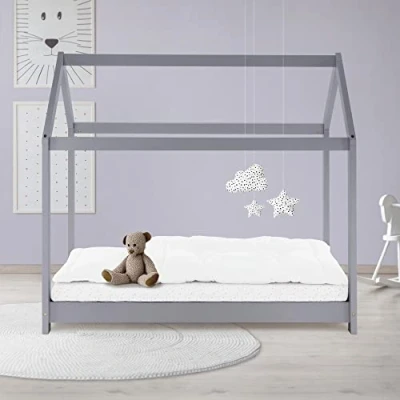 Abbildung von ML Design Kinderbett 70x140 cm mit Dach und Lattenrost, Hellgrau, Hausbett für Mädchen Jungen, Kinderhaus aus massivem Kiefernholz, Stabiles Jugendbett, Massivholz Kinder Bett Bettenhaus Spielbett