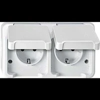 Abbildung von Schneider Electric Merten MEG2320 8019 Aufputz 2 Fach SCHUKO Doppel Steckdose, Schutzkontaksteckdose, waagerecht angeordnet mit Berührungsschutz, IP44, polarweiß, AQUASTAR