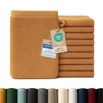 Abbildung von Blumtal Waschhandschuh 10er Set aus Frottee 15x20 cm weich und saugstark, (Set), mit modischer Bordüre praktischer Aufhängeschlaufe, 100% Baumwolle