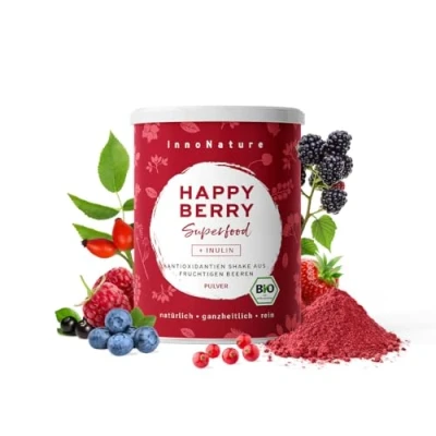 Abbildung von InnoNature Bio Happy Berry I Antioxidantien Shake aus 11 hochwertigen Beerenpulvern 195g, nur natürliche Inhaltsstoffe Vegan ohne Zusatzstoffe