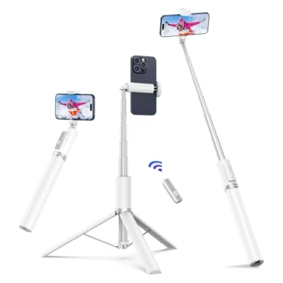 Abbildung von ATUMTEK 172CM Selfie Stick Stativ Ausziehbares All in One Handystativ aus Aluminium mit Bluetooth Fernbedienung um 360 Drehbar für iPhone 15 Pro Max/15/14/13/12/XS Max/X Samsung Smartphones,Weiß