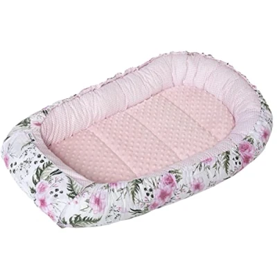 Abbildung von Medi Partners Babynest Kuschelnest Babynestchen 100% Baumwolle Nestchen Reisebett für Babys Säuglinge 100x60x15cm herausnehmbarer Einsatz (Blument mit Hellrosa Minky)