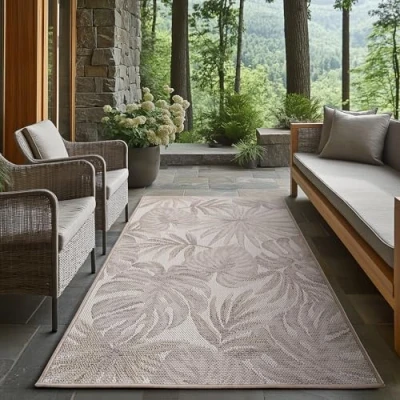 Abbildung von Carpetsale24 Outdoor Teppich Beige 80x150 cm Läufer, Wetterfest &amp; UV beständig, ideal für Küche, Balkon, Terrasse auch Wohnzimmer und Esszimmer, Palmblätter Design, Leicht zu Reinigen