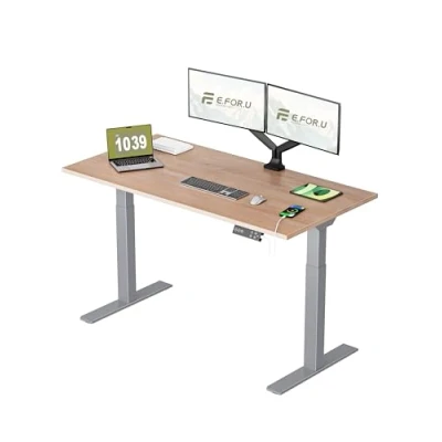 Abbildung von E.For.U® Höhenverstellbarer Schreibtisch 160x80 cm, 2 Motoren, Stabiler Höhenverstellbar Elektrisch Mit Fach Teleskop, 4 Memory Steuerung, Tischplatte (Silber + Nussbaum)