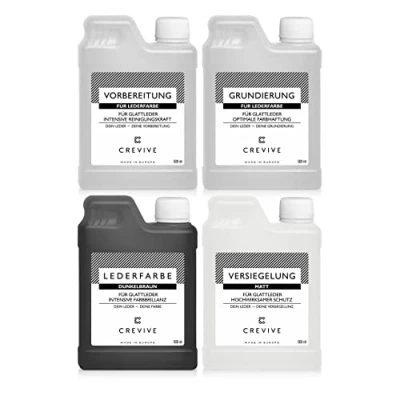 Abbildung von CREVIVE Lederfarbe Set Farbe wählbar für die optimale Lederfärbung Lederreiniger, Grundierung, Lederfarbe, Versiegelung, je 500 ml Dunkelbraun Matt