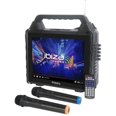 Abbildung von IBIZA KARAVISION tragbarer Karaoke Lautsprecher mit Bildschirm und 2 Funk Mikrofonen Karaokeanlage Party Disco Gesang