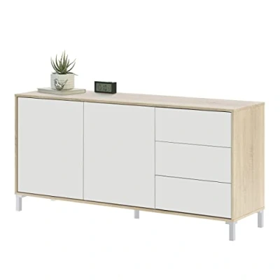 Abbildung von Sideboard mit zwei Türen und drei Schubladen, Eichenfarbe, 154 x 74 41 cm.