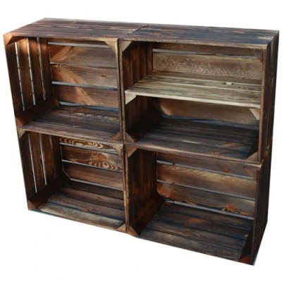 Abbildung von Teramico Holzkisten Obstkisten Weinkisten geflammt dunkel 50 x 40 30cm in tollen Set Angeboten als Regal oder zur Aufbewahrung (4er 1 Boden Lang)
