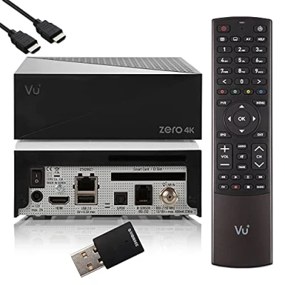 Abbildung von VU Zero 4K UHD HDR Sat Receiver mit 1x DVB S2X Tuner, E2 Linux Smart Receiver, YouTube, CI + Kartenleser, Media Player, HbbTV Mediathek, USB, 300Mbit WiFi EasyMouse HDMI Kabel
