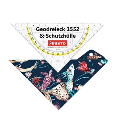 Abbildung von Aristo AR18002B Geodreieck AR1552 mit passender Geocover Schutzhülle marine life (Dreieck Hypotenuse 16 cm, Tuschenoppen und Facetten, Hülle Lochung zum Abheften) mehrfarbig &amp; transparent