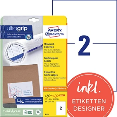 Abbildung von AVERY Zweckform 6176 Universal Etiketten (50 plus 10 Klebeetiketten extra, 210x148mm auf A4, bedruckbare Versandetiketten, selbstklebende Versandaufkleber mit ultragrip, DHL) 30 Blatt, weiß