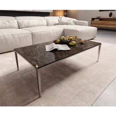 Abbildung von Couchtisch Levente 110x60 cm Keramik Laminam®Emperador Extra Lucidato Dunkelbraun Gestell Edelstahl Silber