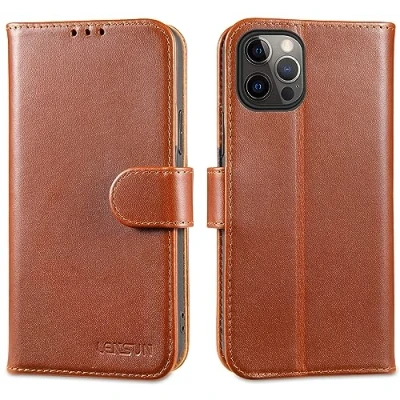 Abbildung von LENSUN Echtleder Hülle für iPhone 12, 12 Pro Handyhülle Echtes Leder Etui [Kartenfach][RFID Blocker] Handytasche Lederhülle 12/12 5G Dunkelbraun