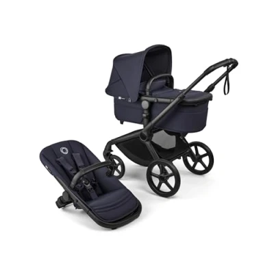 Abbildung von Bugaboo Fox 5 Renew, 2 in 1 Kinderwagen für jedes Gelände, mit Liegewanne und ausziehbarem Kleinkindsitz, praktische Ein Hand Faltung, Fahrgestell Schwarz Sonnendach Deep Indigo