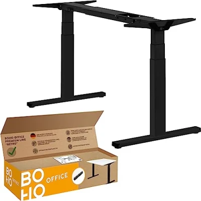 Abbildung von boho office® Höhenverstellbarer Schreibtisch Gestell Made in Germany, Elektrisch stufenlos, 2 laufruhige Motoren, 3 Fach Teleskop, Kollisionsschutz Premium Line Schwarz mit Retroschalter