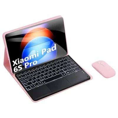 Abbildung von HLTOOP Tastatur Hülle für Xiaomi Pad 6S Pro (2024) 12,4 Zoll, QWERTZ Deutsch, 7 farbige Bluetooth mit Hintergrundbeleuchtung und Touchpad, Weiche TPU Rückseite, Maus,Rosa
