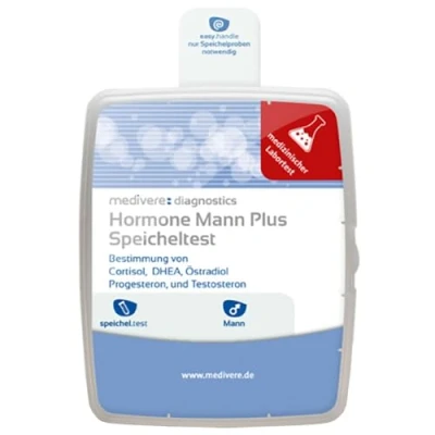 Abbildung von medivere Hormonprofil Mann plus Speicheltest Bestimmung von Cortisol, DHEA, Östradiol, Progesteron und Testosteron