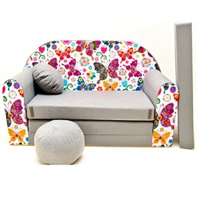 Abbildung von Couch Kindercouch Kindersofa Kinder Sofa Schlafsofa Kinderzimmer Bett gemütlich grau (A33 Schmetterlinge)
