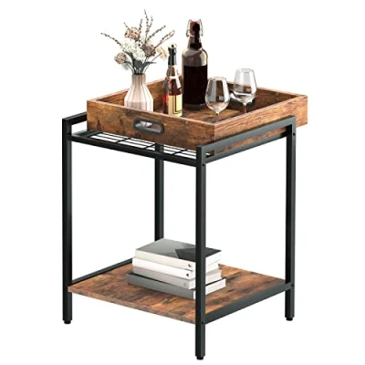 Abbildung von HOOBRO Beistelltisch, Sofatisch mit herausnehmbarem Tablett, Nachttisch offenen Regalen, Snack Tablett Tisch, Industriestil, Schlafzimmer, Wohnzimmer, Vintage EBF45BZ01