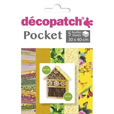 Abbildung von Decopatch Décopatch DP026C Packung Déco Pocket mit 5 Blatt 30x40 cm in verschiedenen Designs, praktisch und einfach zum Verwenden, ideal für Ihre Pappmachés Bastelprojekte, 1 Pack