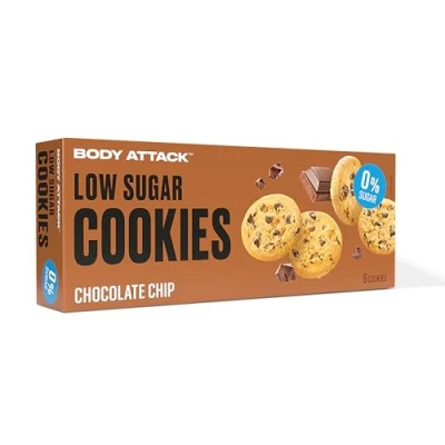 Abbildung von BODY ATTACK low sugar COOKIES Chocolate Chip 130 g Köstliche Sorten mit wenig oder keinem Zucker Kekse Protein Eiweißreicher Snack Aspartamfrei, Made in Germany