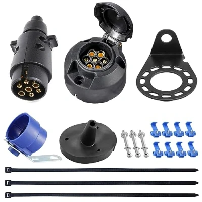 Abbildung von SPARKMOTO Anhänger Stecker Steckdose 7 Polig mit Kompletten Montagezubehör,inkl. Blau Anhängersteckerhalter Metall Anbauplatte,Wasserdicht poliger (Gummi Kappe)