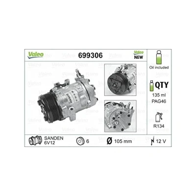 Abbildung von VALEO NEW ORIGINAL PART 699306 Kompressor SD6V12 12 PAG 46 R 134a mit Kompressoröl OPEL: Astra G Caravan, Meriva A, Corsa C Schrägheck
