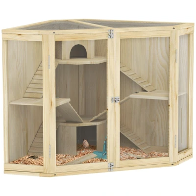 Abbildung von PawHut Kleintierkäfig 4 Ebenen Design, mit Fütterungsstation, Wippe, Rampe, Hütten, 115 x 69,5 79 cm, Holz