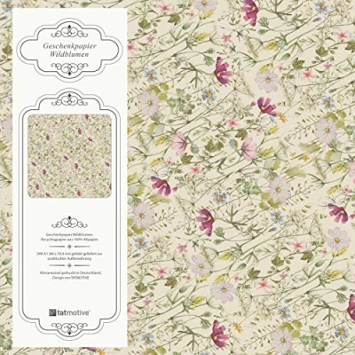 Abbildung von Wildblumen Geschenkpapier Geburtstag Blumen floral 25 Bogen 84 x 59 cm, Öko Recycling Papier nachhaltig gedruckt Vintage