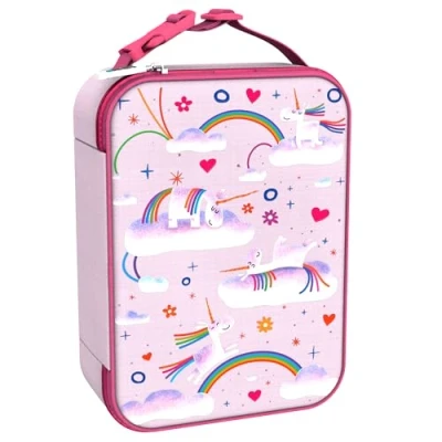 Abbildung von Ion8 Premium Lunch Tasche, 3 Seitiger Reißverschluss, Flaschen Netztasche, Namensschild, Lebensmittelechte Isolierung, Abwischbar, Waschmaschinenfest, Einhorn Regenbogen Design, Polyester
