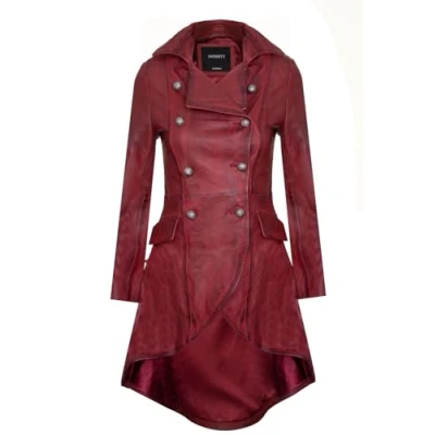 Abbildung von Infinity Leather Damen Gotisch Burgund Leder Edwardianisch Viktorianisch Flare Mantel