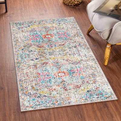 Abbildung von Surya Asmara Vintage Teppich läufer Teppiche Wohnzimmer, Esszimmer, Flur, Carpet Living Room Orientalischer Boho Style Bunter Muster, Light Beige, Mustard, Medium Gray, Teal 80x150cm