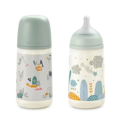 Abbildung von Suavinex, 2er Pack, Babyflaschen 270 ml mit physiologischem Sauger SX Pro aus Silikon, Anti Colic Ventil, mittlerer Nahrungsfluss (M), für Babys +3 Monate, Dreams Blue