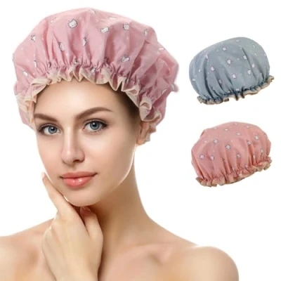 Abbildung von Duschhaube, 2 Stück Wasserdichte Duschhauben, Shower Cap, Duschhaube für Damen, Haarhaube Die Nacht, mit Elastischem Band, Wiederverwendbare Dusche Kappen Mädchen Frauen (A)