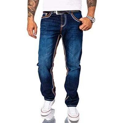 Abbildung von Rock Creek Herren Jeans Hose Comfort Fit Dicke Nähte Herrenjeans Herrenhose Denim Stonewashed Basic Weites Bein Raw RC 2167 Dunkelblau W38 L38
