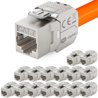 Abbildung von HB DIGITAL 16x CAT 7 Keystone RJ45 Modul Buchse für LAN Kabel 10 Gbit/s bis 600 MHz AWG 22 24 werkzeuglos LSA vollgeschirmt STP Einbaubuchse Patchpanel und Netzwerkdose
