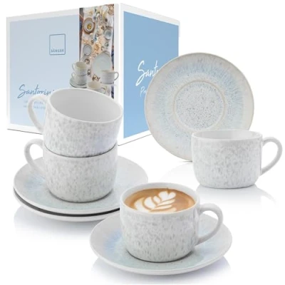 Abbildung von SÄNGER Kaffeeservice Santorini Kaffeetassen Set (8 tlg), 4 Personen, Steingut, Cremefarben mit Flieder Blauem Verlauf, Handmade, Premium Collection