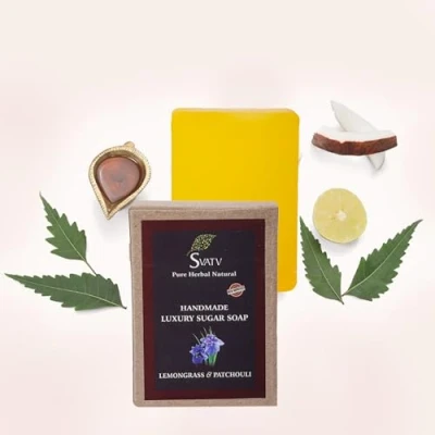 Abbildung von SVATV Handmade Seife with natural, soothing herbs of Lemongrass &amp; Patchouli, Moisturized skin Traditional Ayurvedic Herbal body bars for Men Women, all types 125g