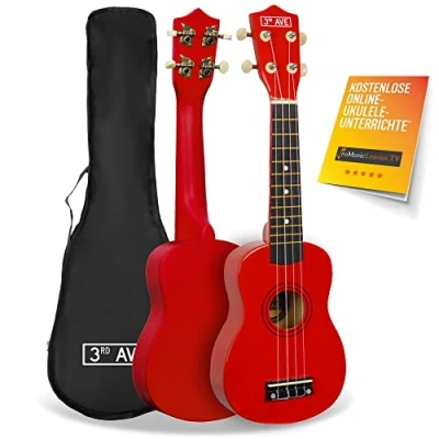 Abbildung von 3rd Avenue Sopran Ukulele für Anfänger, 54 cm/21“ mit Ukuleletasche in Rot KOSTENLOSE 1 monatige Online Lektionen
