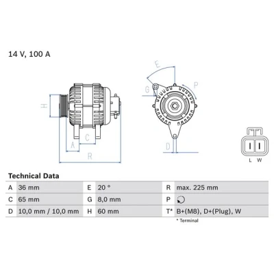 Abbildung von BOSCH 0 986 043 981 Lichtmaschine 14V 100A OPEL: Combo C Tour, Corsa Schrägheck, Meriva A, HONDA: CIVIC 7 Hatchback