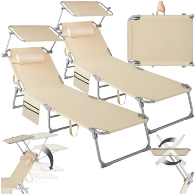 Abbildung von tectake® 2er Set Sonnenliege klappbar und tragbar, Liege mit Seitentasche, Strandliege, Gartenliege Dach, Liegestuhl Verstellbarer Rückenlehne, Kopfkissen für Balkon, Terrasse (beige)