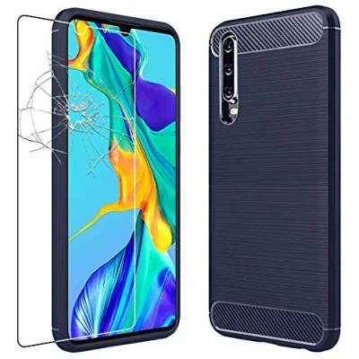 Abbildung von ebestStar Hülle für Huawei P30, Silikon Handyhülle Cover, Carbon Fiber Texture Schutzhülle, Dunkelblau + Panzer Schutz Glas