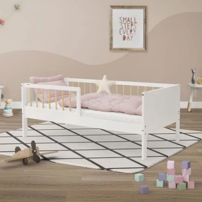 Abbildung von ML Design Kinderbett 70x140 cm Weiß Natur, Einzelbett für Kinder mit Lattenrost &amp; Rausfallschutz, Jugendbett aus Kiefernholz, Holzbett Bettgestell Jungen&amp;Mädchen, Massivholz Babybett Kleinkindbett