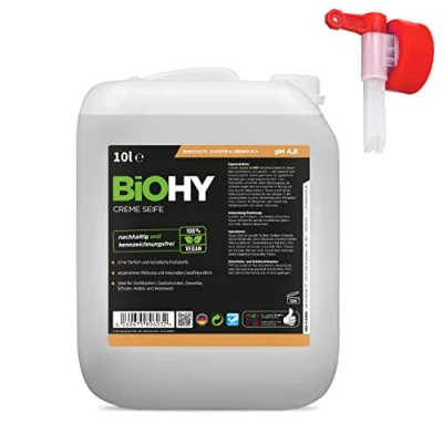 Abbildung von BiOHY Creme Seife (10 Liter Kanister) + Auslaufhahn Hautschonende, rückfettende &amp; geruchsneutrale Handseife flüssiger Nachfüllpack mit pflanzlichen Inhaltsstoffen auch für das Gesicht geeignet