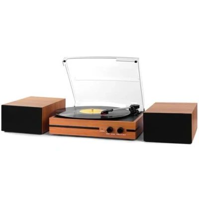 Abbildung von Vintage Vinyl Schallplattenspieler mit Bluetooth und Riemenantrieb, Zwei Stereolautsprecher, LP Player, 3 Geschwindigkeiten, kabellose Wiedergabe, AUX Kopfhörereingang, Orange