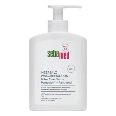 Abbildung von SEBAMED Meersalz Wasch Emulsion 200 ml, für eine besonders milde Reinigung der trockenen und empfindlichen Haut, wirkt Austrocknung entgegen, mit original Totes Meer Salz Mineralien
