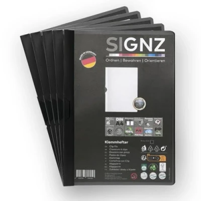 Abbildung von SIGNZ Klemmhefter DIN A4, 5 Stück, schwarz, Für bis zu 60 Blatt, CO2 neutral hergestellt, made in Germany