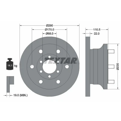 Abbildung von TEXTAR 93095100 Bremsscheibe 290 22 06/12 170 voll mit Radbefestigungsbolzen, ohne Radnabe IVECO: DAILY 3 Pritsche/Fahrgestell, Kasten/Kombi
